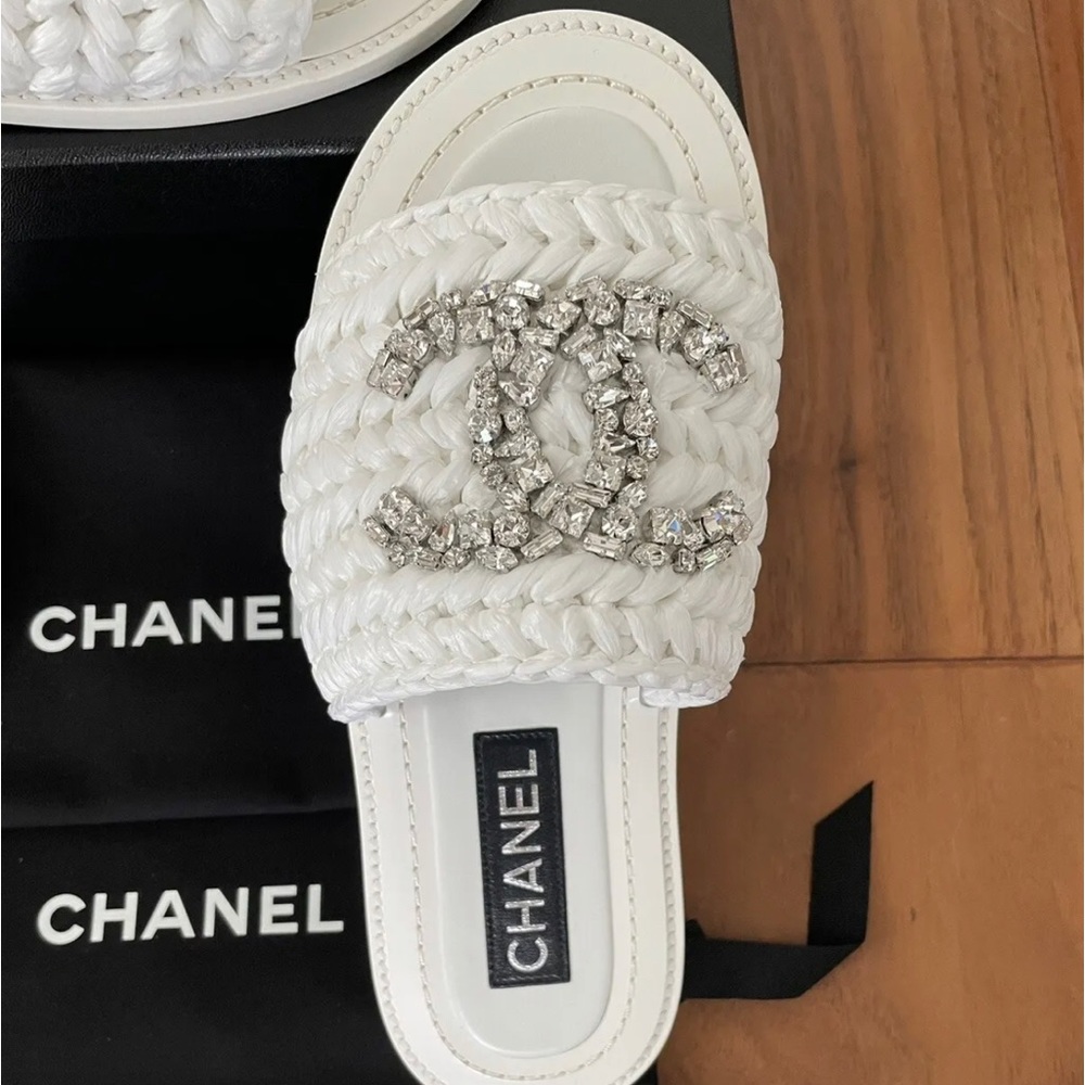 Chanel CC Spotlight White with Crystal Rafia Mules Sandals 37